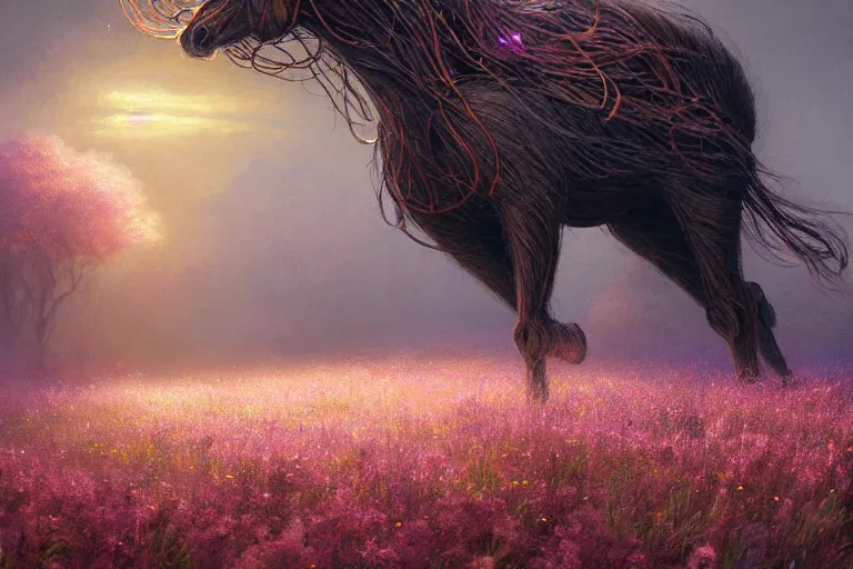 Prompt: a stunning digital painting of a horse made of instricately engraved gnarled wood with a mane of bioluminescent flowers running through a field of flowers by greg rutkowski, flowercore, volumetric light, digital art, fine detail, photorealistic