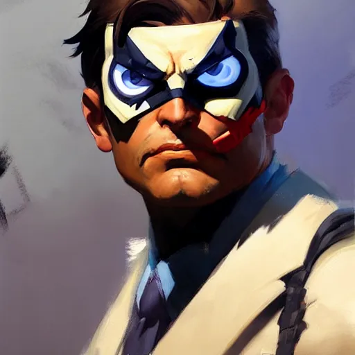 Image similar to Greg Manchess portrait painting of two face as Overwatch character, medium shot, asymmetrical, profile picture, Organic Painting, sunny day, Matte Painting, bold shapes, hard edges, street art, trending on artstation, by Huang Guangjian and Gil Elvgren and Sachin Teng