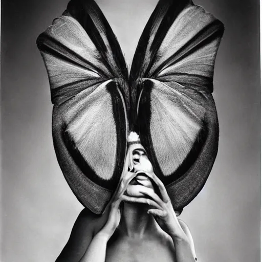 Image similar to a person with moth wings and a proboscis, large format film photograph by richard avedon