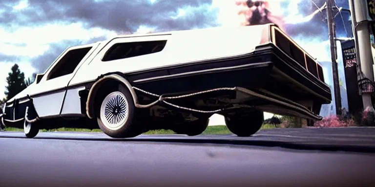 Prompt: Photorealistic cinematography of the rear of a the “Back To The Future Time Machine” from the film “Back To The Future” reversing down a ramp out of Doc Browns “1984 white GMC Value Van” at night + filmed on location at ultra photorealistic “Back To The Future” “Twin Pines Mall” parking lot Set located at Puente Hills Mall, 1600 South Azusa Avenue, City of Industry, California At night By “Back To The Future” Cinematographer Dean Cundey at night 5