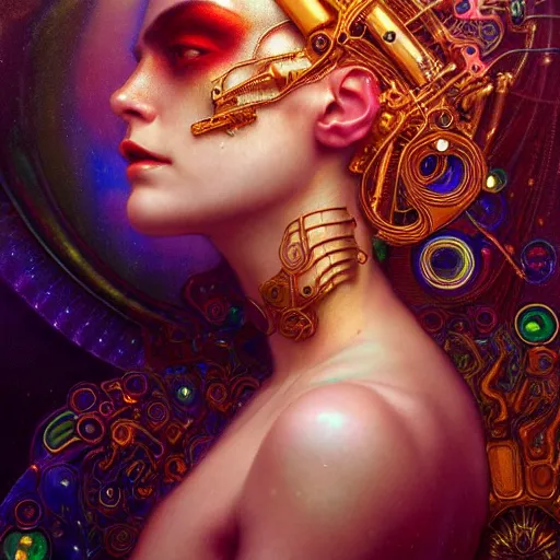 Prompt: extremely psychedelic beautiful cyborg queen of lsd infected by night. intricate, elegant, highly detailed, extremely lifelike photorealistic digital painting, artstation. steichen, gaston bussiere, tom bagshaw, cyberpunk alphonse mucha. elegant minimalism. anatomically correct. sultry. sharp focus. gold. surreal lush hallucination