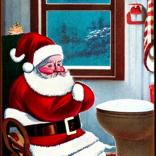 Prompt: santa claus sitting on the toilet in the style of currier & ives