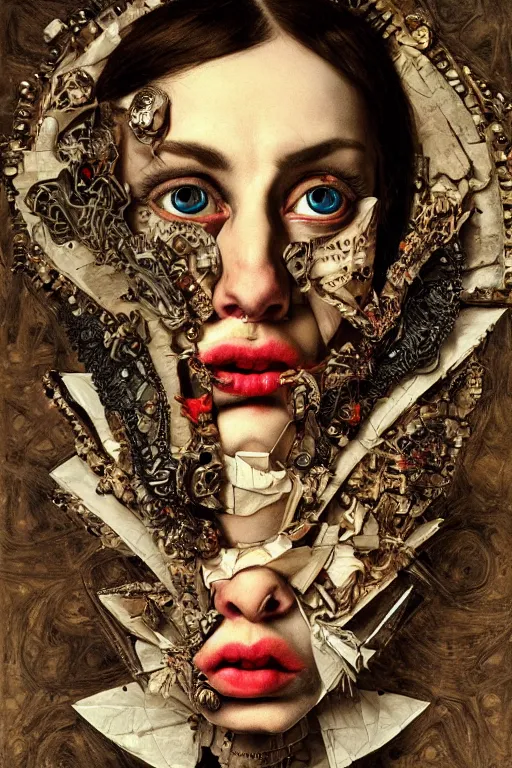 Image similar to Detailed maximalist portrait with large lips and with large eyes, angry, exasperated expression, HD mixed media, 3D collage, highly detailed and intricate illustration in the style of Caravaggio, dark art, baroque