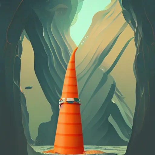 Prompt: orange striped traffic cone with shark teeth around the bottom opening, ocean background detailed atmospheric - ron cheng & alphonse mucha, highly detailed, digital painting, ray tracing, concept art, illustration, smooth sharp focus, intricate, symmetry, artstation,