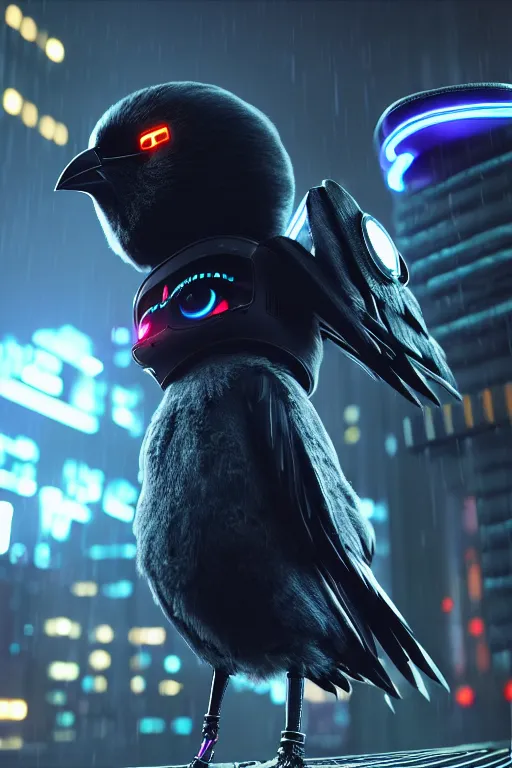 Image similar to high quality 3 d render very cute cyborg crow! incorporated speakers!, cyberpunk highly detailed, unreal engine cinematic smooth, in the style of blade runner & detective pikachu, hannah yata charlie immer, moody light, low angle, uhd 8 k, sharp focus