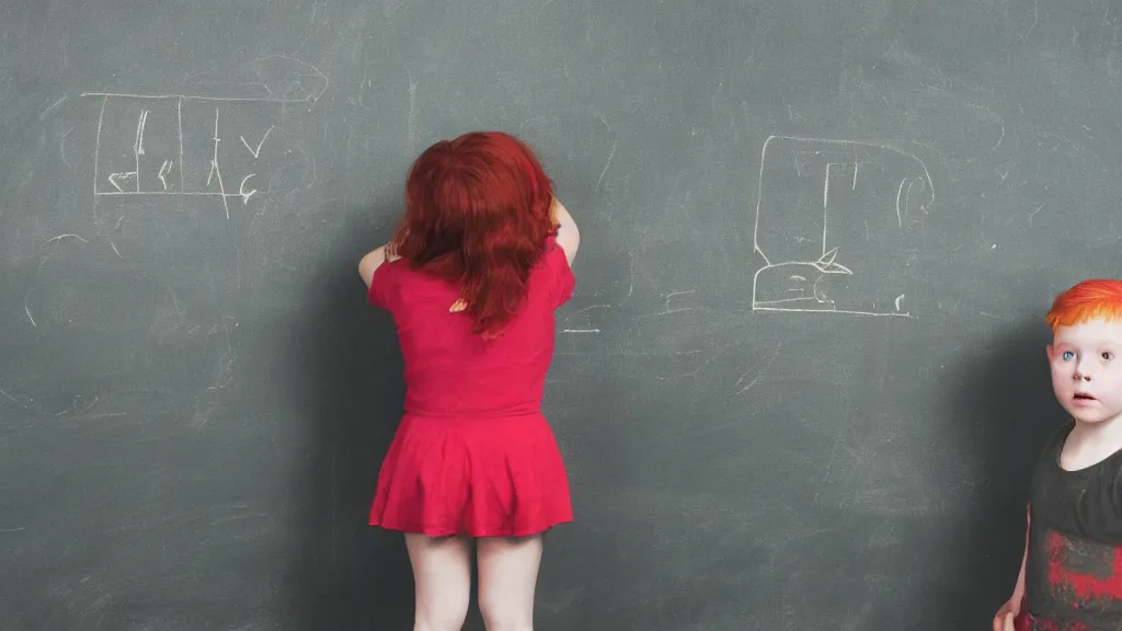 Image similar to colour photograph of a child questioned at the blackboard, red hair, shy, inspired by Gregory Crewdson