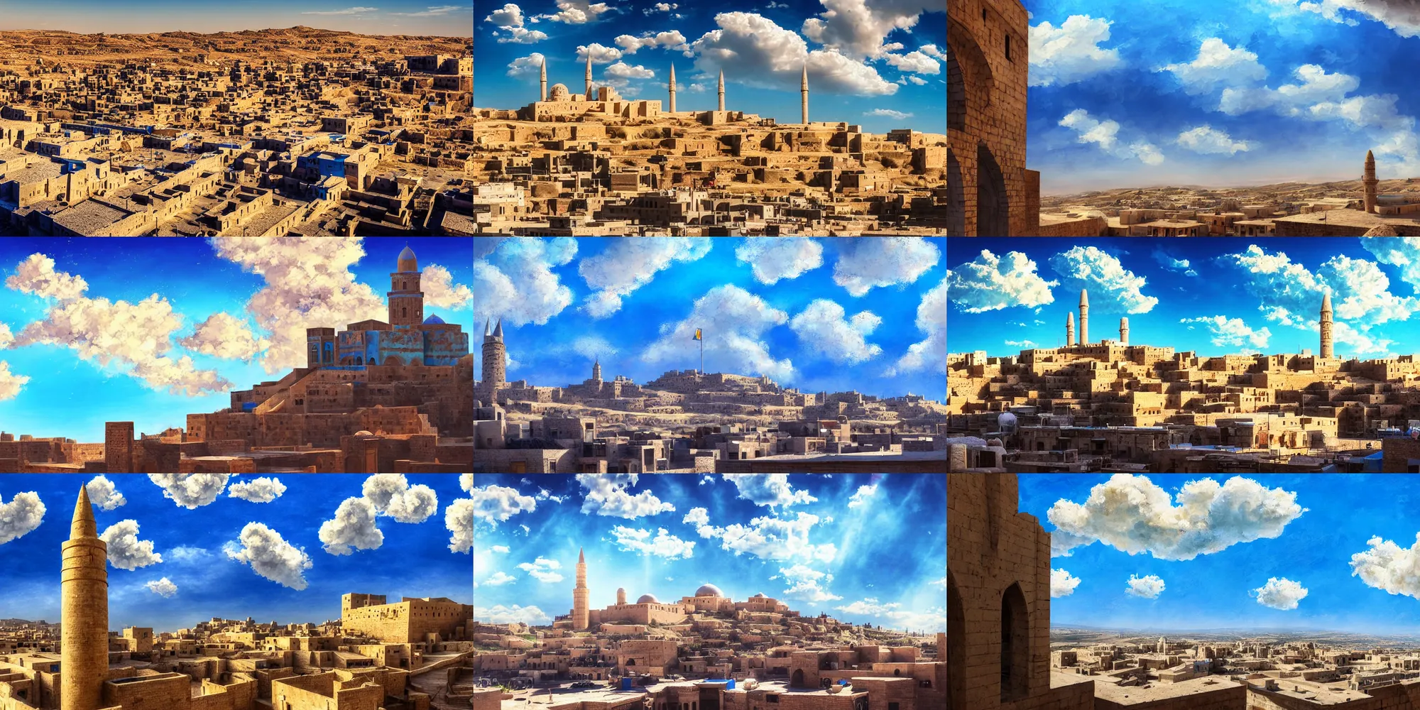 Prompt: artstation scene, citadel of erbil, old town mardin, kurdistan, bright blue sky, fluffy painted clouds, light bloom, atmospheric, dynamic ultrawide tilted angle, cinematic composition, detailed textures, painterly anime style concept art, shallow depth of field