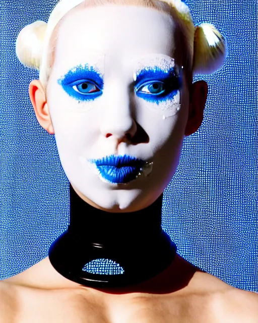 Image similar to symmetrical portrait of a woman wearing white silicone embroidered beauty mask and blue hair buns, wearing a black bodysuit by alexander mcqueen, cream white background, soft light, biotechnology, humanoide robot, bjork aesthetic, translucent, by rineke dijkstra, intricate details, highly detailed, masterpiece,