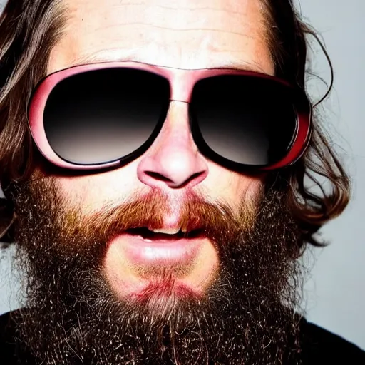 Prompt: photo of 3 9 - year - old french bearded long - haired yoga punk singer wearing wraparound sunglasses. he also works as a commercial model and actor. looks like brad pitt. telling jokes on a smoky stage in wheaton, il.