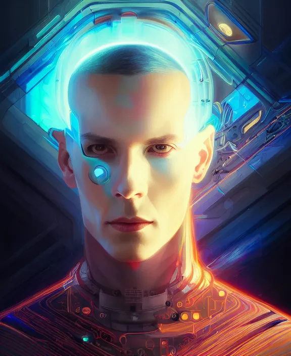 Image similar to a whirlwind inside the metaverse, guy, male, man, hologram, half body, neurochip, android, cyborg, cyberpunk face, by loish, d & d, fantasy, intricate, elegant, highly detailed, colorful, digital painting, artstation, concept art, art by artgerm and greg rutkowski and alphonse mucha