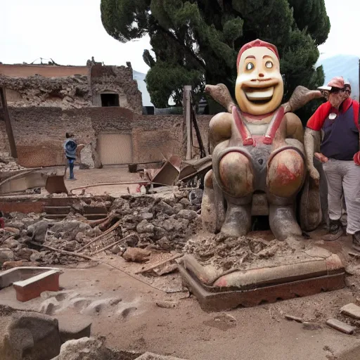 Image similar to a Bobs Big Boy statue being excavated from the ruins of Pompeii, ultra detailed, 8k resolution, ultrarealistic