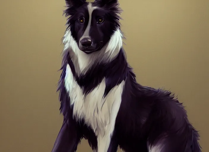 Prompt: wide angle beautiful full body portrait of a strong male anthropomorphic anthro border collie fursona in a suit sitting in a parlor room, character design by charlie bowater, henry asencio, and ross tran, disney, detailed, aesthetic, trending on artstation, furaffinity, deviantart