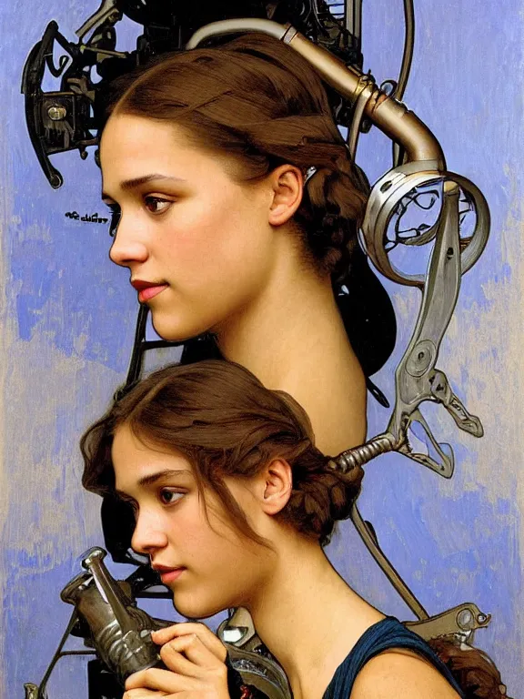 Image similar to an art nouveau style head and shoulders portrait oil painting of a pretty young alicia vikander or jessica alba as a mechanic in a dirty coveralls holding a wrench, in front of a round, complex rotary airplane engine, intricate, detailed, smooth, complex, elaborate, by alphonse mucha and james gurney and john william waterhouse and bouguereau