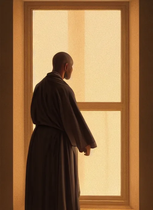 Prompt: oil painting of a dominican monk in robes, looking out a window contemplatively, digital art, artstation, cinematic, golden hour, digital art painting by greg rutkowski