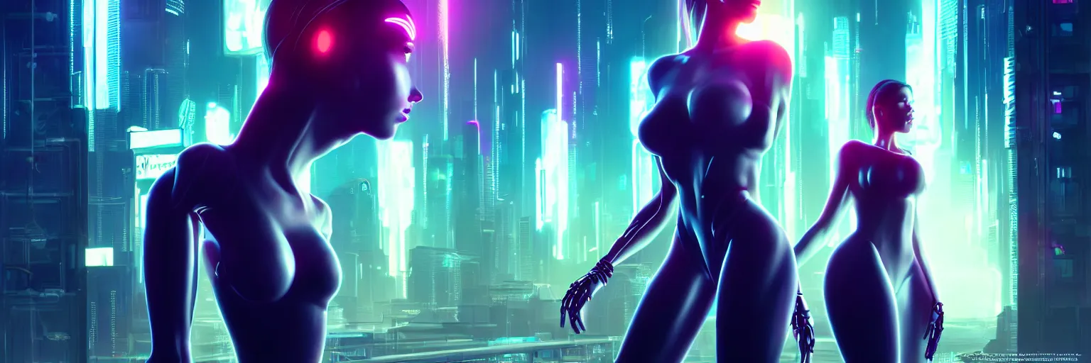 Image similar to backlit photography of a female humanoid in a cyberpunk cityscape, half body cropping, elegant glamor pose, accurate anatomy, cyber led neon lighting, bokeh, rule of thirds, hyper photorealistic, crispy quality, digital photography, art by pascal blanche, art by artgerm, art by greg rutkowski,