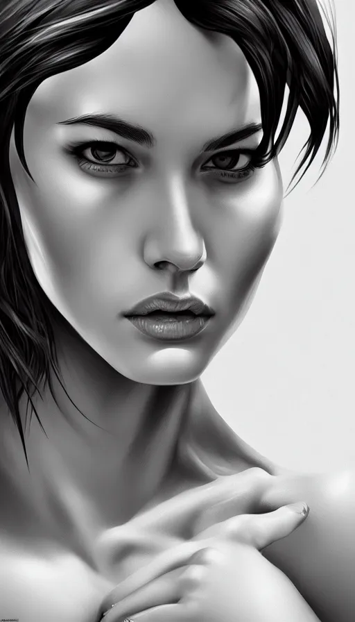 Image similar to up close portrait of a beautiful woman in black and white, photorealistic, upper body, art by diego fazio and diegoKoi and artgerm, concept art, hyper sharp focus, 8k highly detailed