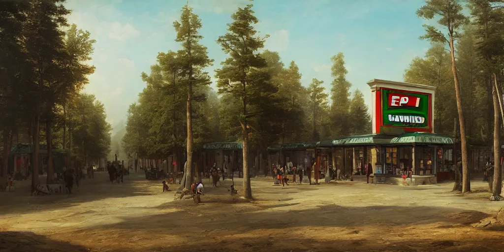 Prompt: epic matte painting of a 7 - eleven by ivan shishkin and asher brown durand