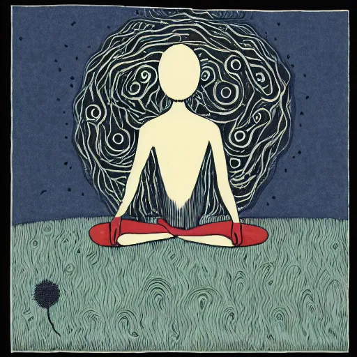 Image similar to by edward gorey, by andy kehoe graphic design extemporaneous. a drawing of a man with a large head, sitting in a meditative pose. his eyes are closed & he has a serene look on his face. his body is made up of colorful geometric shapes & patterns that twist & turn in different directions.