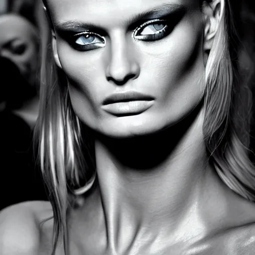 Image similar to portrait of young edita vilkeviciute, versace fashion show 2 0 1 1 spring summer backstage, makeup by pat mcgrath, detailed face, greg rutkowski, intricate, elegant, highly detailed,