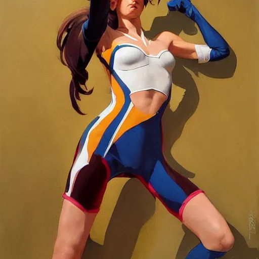 Image similar to greg manchess painting of tracer wearing a skintight suit, medium shot, organic painting, sunny day, bold shapes, hard edges, street art, trending on artstation, by huang guangjian and gil elvgren and sachin teng and artgerm and greg rutkowski and alphonse mucha