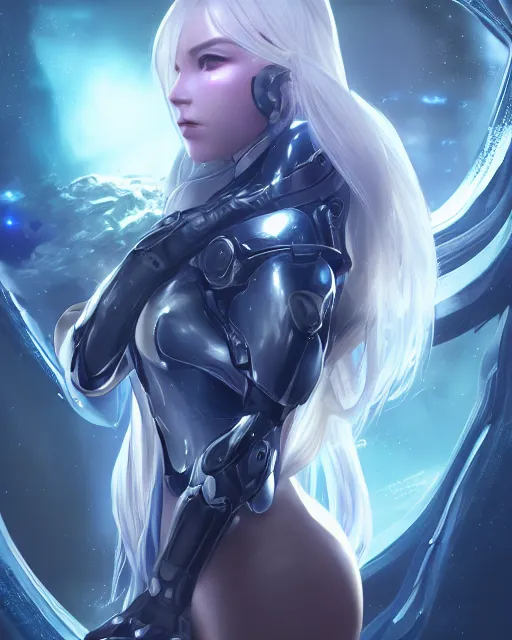 Image similar to perfect android girl on a mothership, warframe armor, beautiful face, scifi, futuristic, galaxy, nebula, raytracing, dreamy, long white hair, blue cyborg eyes, sharp focus, cinematic lighting, highly detailed, artstation, divine, by gauthier leblanc, kazuya takahashi, huifeng huang