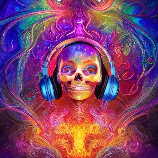 Image similar to portrait of a fantasycore glitchcore deformed skull wearing headphones. intricate abstract. intricate artwork. celestial. prismatic, by josephine wall, pixar, ghibli. octane render, CGSociety very coherent symmetrical artwork. cinematic, hyper realism, high detail, octane render, 8k, holographic accents