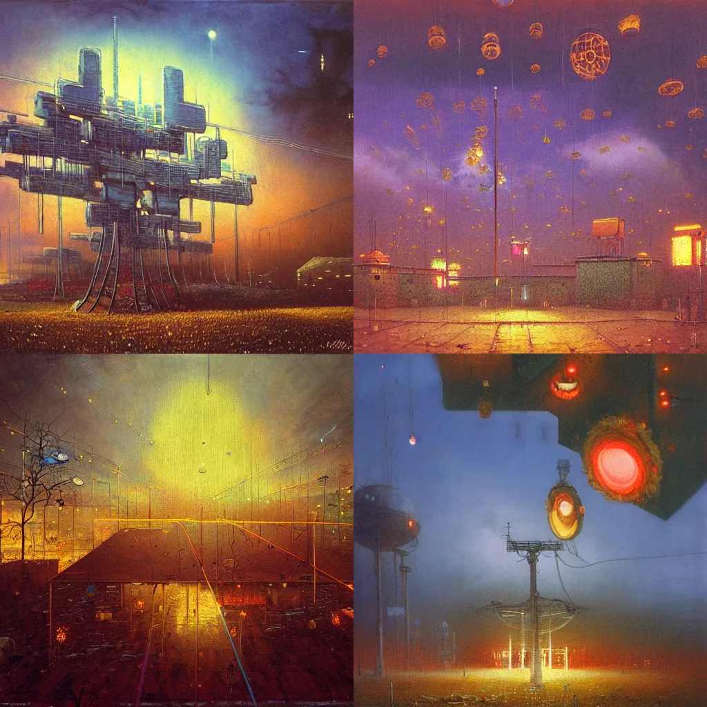 Prompt: detailed painting of a satellite station in a cyberpunk farm, exterior, floral ornaments, volumetrics lights, beam of bright lights through the clouds, beksinski, bougeureau