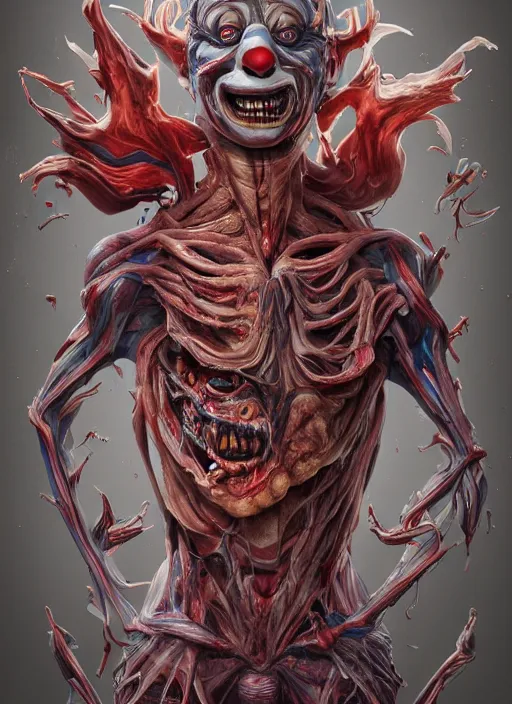 Image similar to evil horror clown, monster anatomy, ross tran, vivid colors, anatomical, highly detailed sculpture, intricate detailed, ommatidia, 8 k, cinematic atmosphere, post - processing