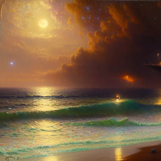 Image similar to night, the ocean, the milk way galaxy. highly detailed painting by gaston bussiere, greg rutkowski 8 k