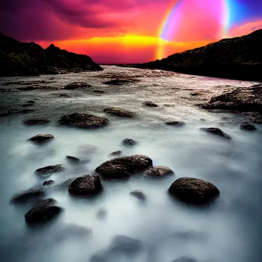 Prompt: photo of a night rainbow, award winning, landscape