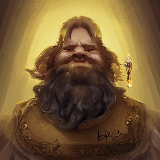 Image similar to symmetrical portrait of a happy dwarf showing off the humongous sparkling gold nugget, realistic, beautiful, fantasy art, dnd, lord of the rings, style of charlie bowater, concept art, sharp focus, ray tracing