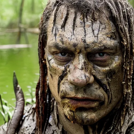 Prompt: film still of viktor orban as major dutch, covered in mud and hiding from the predator predator predator in swamp scene in 1 9 8 7 movie predator, hd, 4 k