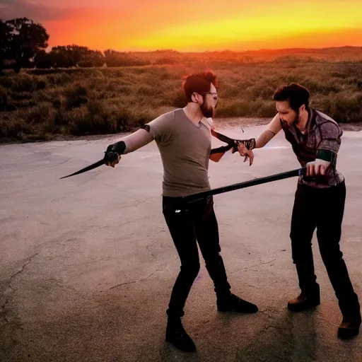 Image similar to Markiplier and Jacksepticeye fights each other with swords during a sunset, cinematic lighting, photorealistic,