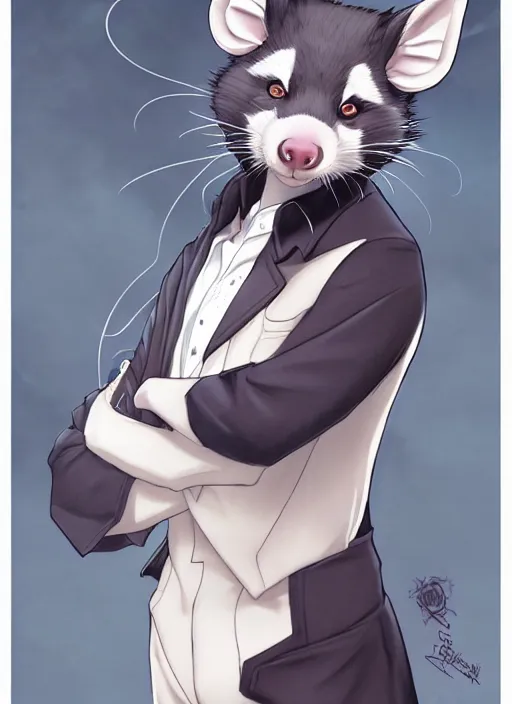 Image similar to character portrait of a male anthro opossum fursona with a tail and a cute beautiful attractive detailed furry face wearing a dress shirt and slacks outside a city tattoo parlor. Character design by charlie bowater, ross tran, artgerm, and makoto shinkai, detailed, inked, western comic book art