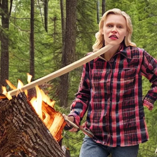 Prompt: Kate McKinnon dressed in lumberjack flannel shirt chopping firewood with axe at wooden cabin in Canada. Photo-realistic HD. 32K. DoP