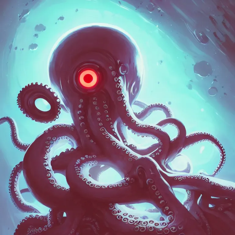 Image similar to portrait of cute octopus tentacle space girl with glowing red eyes, warhammer, cyberpunk by atey ghailan, by greg rutkowski, by greg tocchini, by james gilleard, by joe gb fenton, by in kaethe butcher, dynamic lighting, gradient light blue, brown, blonde cream and white color in scheme, grunge aesthetic, dark background