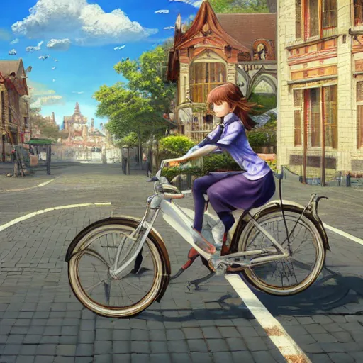 Prompt: girl riding on bike through victorian town square, digital art, by ben weiner, richard estes, range murata, akiyuki shinbou, yoshitaka amano, wlop, highly detailed, realistic, cinematic, bold colours, photorealism, 4 k, wide angle lens, trending on artstation, artgerm