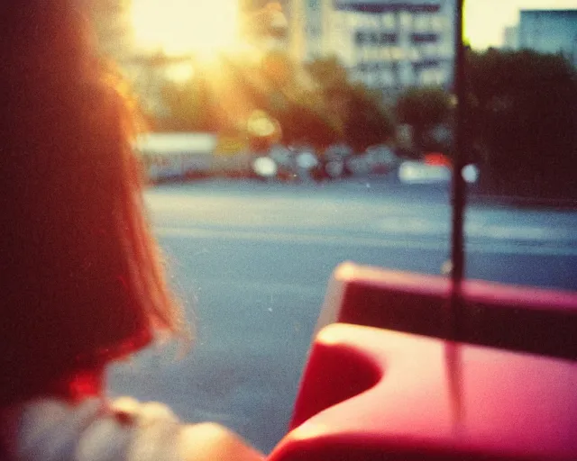 Image similar to lomo photo of shy goth girl sitting in empty bus, sunset, cinestill, bokeh