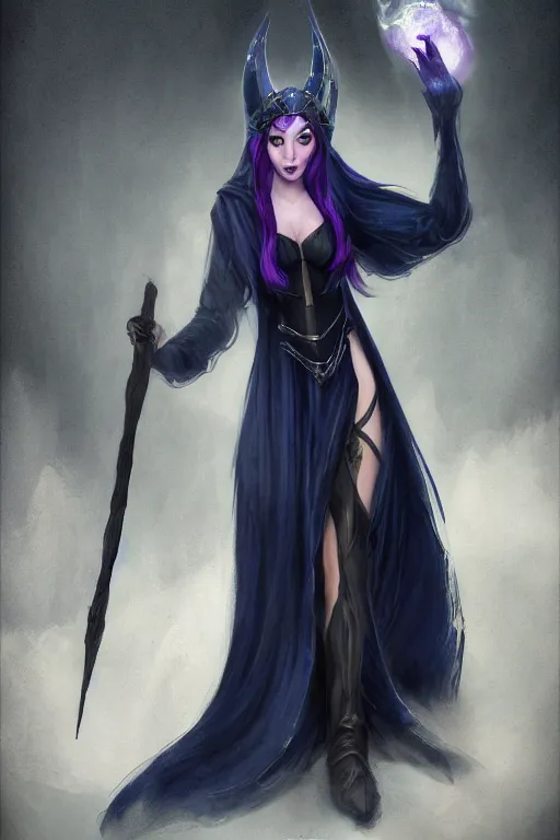 Prompt: Pretty Sorceress, wearing Black and purple robes, Dark blue hair, magic wooden staff, fully covered, High fantasy, love interest, trending by artstation, artstationhd, artstationhq, matte painting