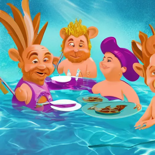 Prompt: a portrait photograph of dwarfs having a barbecue underwater in a swimming pool in a sunny da, purple color scheme,