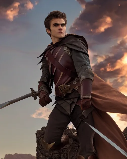 Image similar to Actor Paul Wesley As an Elf Ranger riding a giant Battle Eagle as it soars over the Mountains of Mordor,photorealistic, cinematic