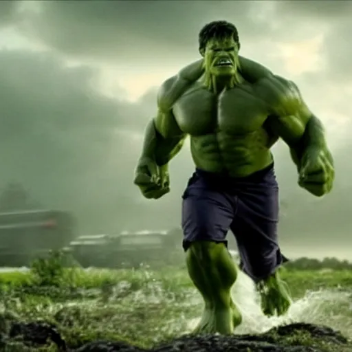 Prompt: a still of tom hanks as the hulk in the avengers movie