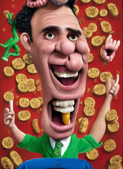 Image similar to hyperrealistic mark ruffalo caricature screaming on a dartboard surrounded by big fat frankfurter sausages with a trippy surrealist mark ruffalo screaming portrait on spitting image by Bob Byerley and aardman animation, mark ruffalo caricature dartboard with hotdogs, mascot, target reticles, dart board