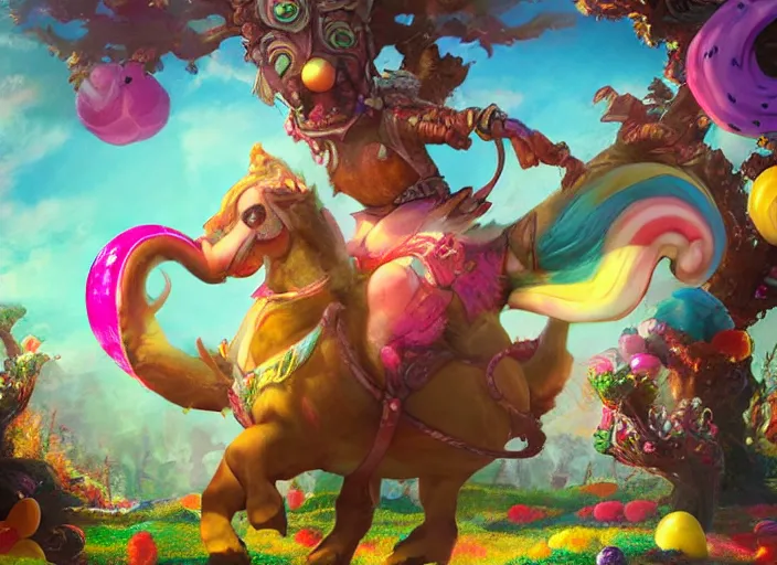 Prompt: riding a gigantic cute creature through a candy-themed fantasy land, dappled lighting, detailed photograph