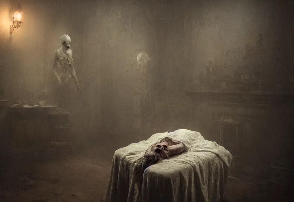 Image similar to a innatural and tragic dead ghost in a room of a haunted house. realistic, cinematic lighting, octane tender, dark - art