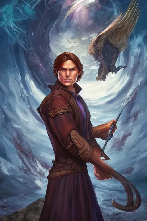 Image similar to sam winchester as a mage in the cover of an acotar book. d & d!, fantasy style, sharp focus!, ultra detailed, art by artgerm, wlop, ilya kuvshinov