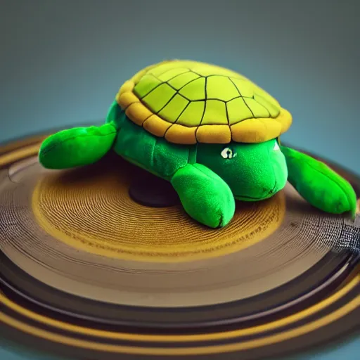 Prompt: a cute turtle plushie on top of a vinyl record player, 30mm, trending on ArtStation, deviantart, high detail, stylized portrait