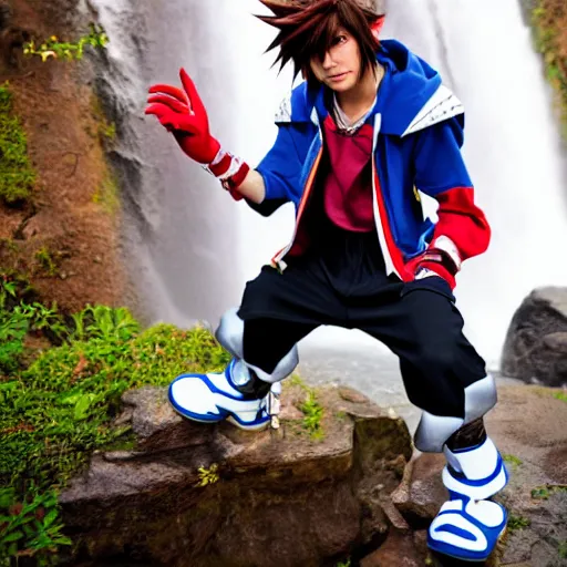 Prompt: kingdom hearts sora cosplay near waterfall close up low angle 85mm