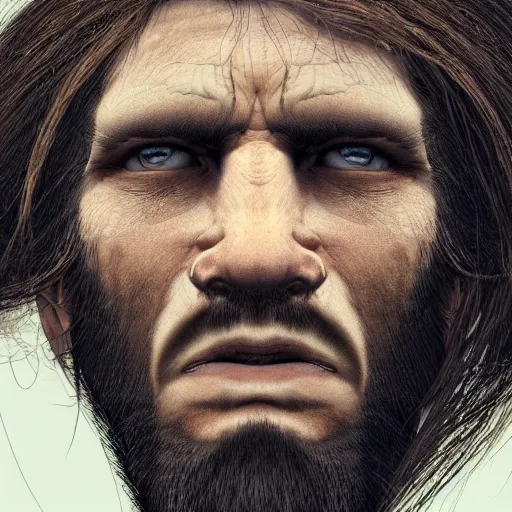 Image similar to portrait close up of a man with a very square and large jaw, his face lines are harsh, he he is shaved but long black hair, he looks like a cave man bronze, soft lighting, rough lines, matte painting