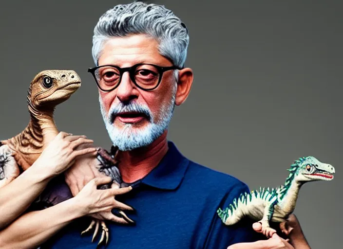 Image similar to jeff golblum holding a baby velociraptor in his arms, ultra realistic, cinematic